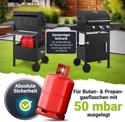 Barbacoa de gas con carro Louisiana, 3 quemadores, 8,1 kW, con tapa, termómetro, rejilla para mantener caliente, parrilla y funda protectora
