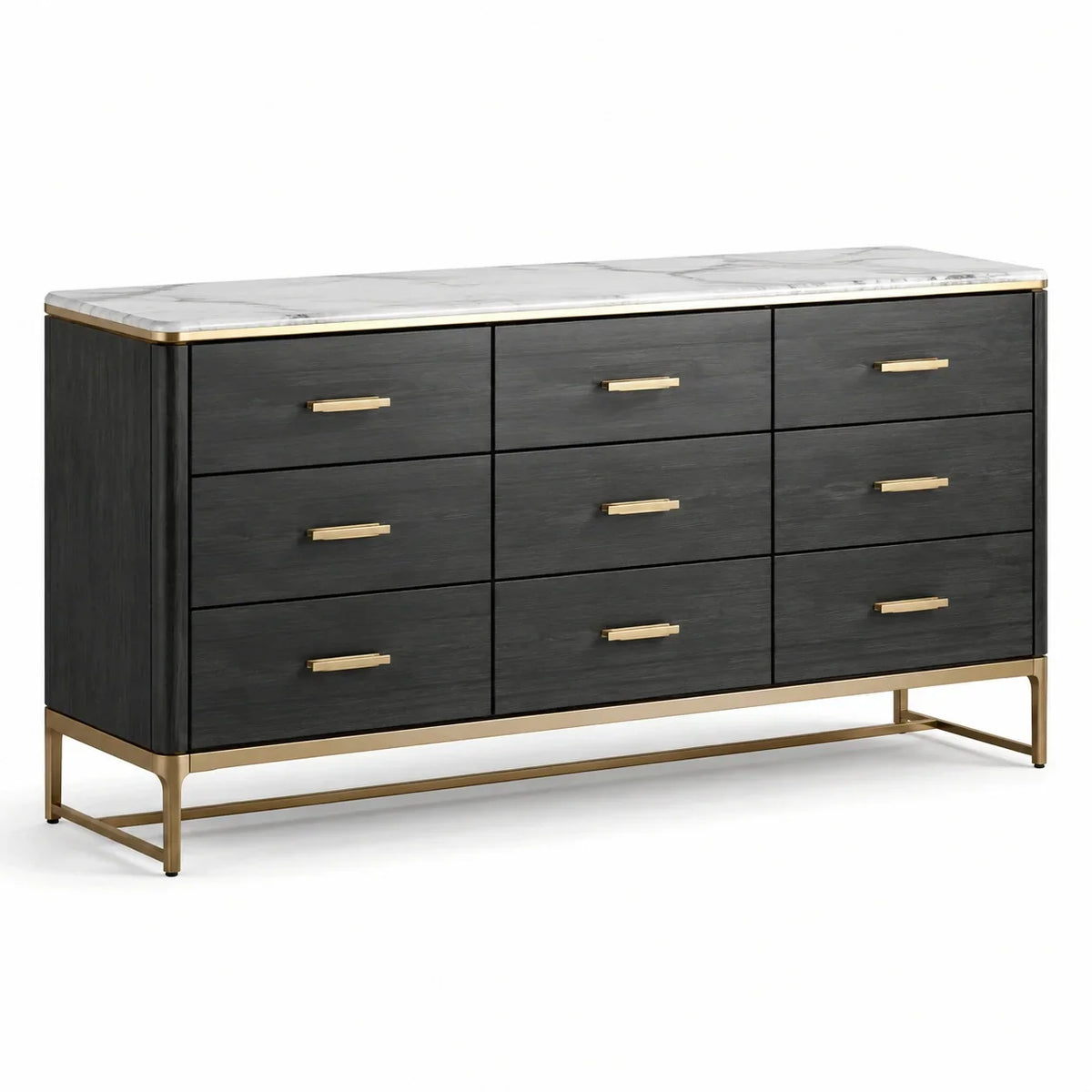 Cómoda de madera con superficie de mármol y 8 cajones negro/dorado