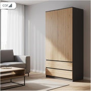 Armario infantil CDF de 90 cm de ancho, armario de dos puertas con 2 cajones, 3 estantes y una barra para colgar ropa, dormitorio, panel laminado de 16 mm, armario multiusos, roble artisan / antracita