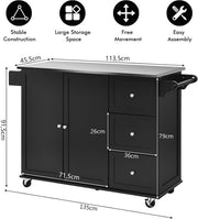 KOMFOTTEU Isla de cocina móvil con encimera de acero inoxidable, carrito de cocina con 3 cajones, toallero y estante ajustable, carrito con ruedas, 135 x 45,5 x 91,5 cm negro