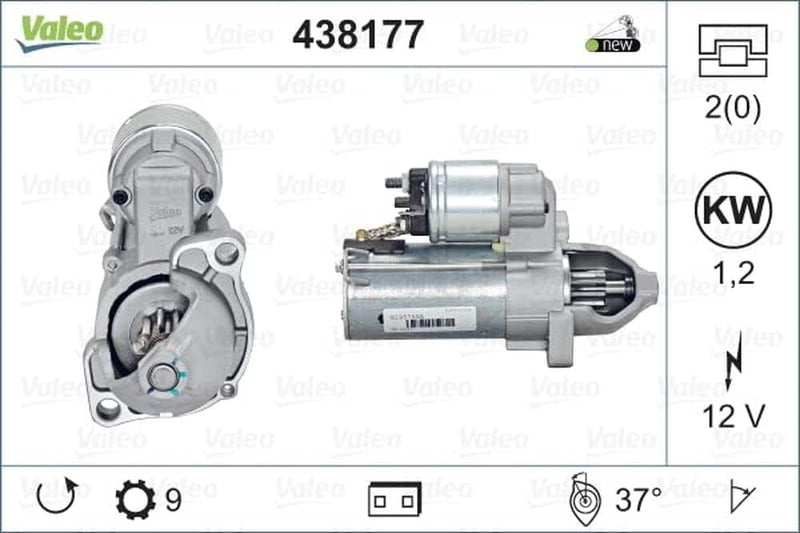 VALEO-438177-Motor de arranque-Potencia nominal [kW] : 1,2 - Stop & Start : NO - Número de dientes : - - Voltaje [V] : 12 - Sentido de giro : SENTIDO CONTRARIO A LAS AGUJAS DEL RELOJ