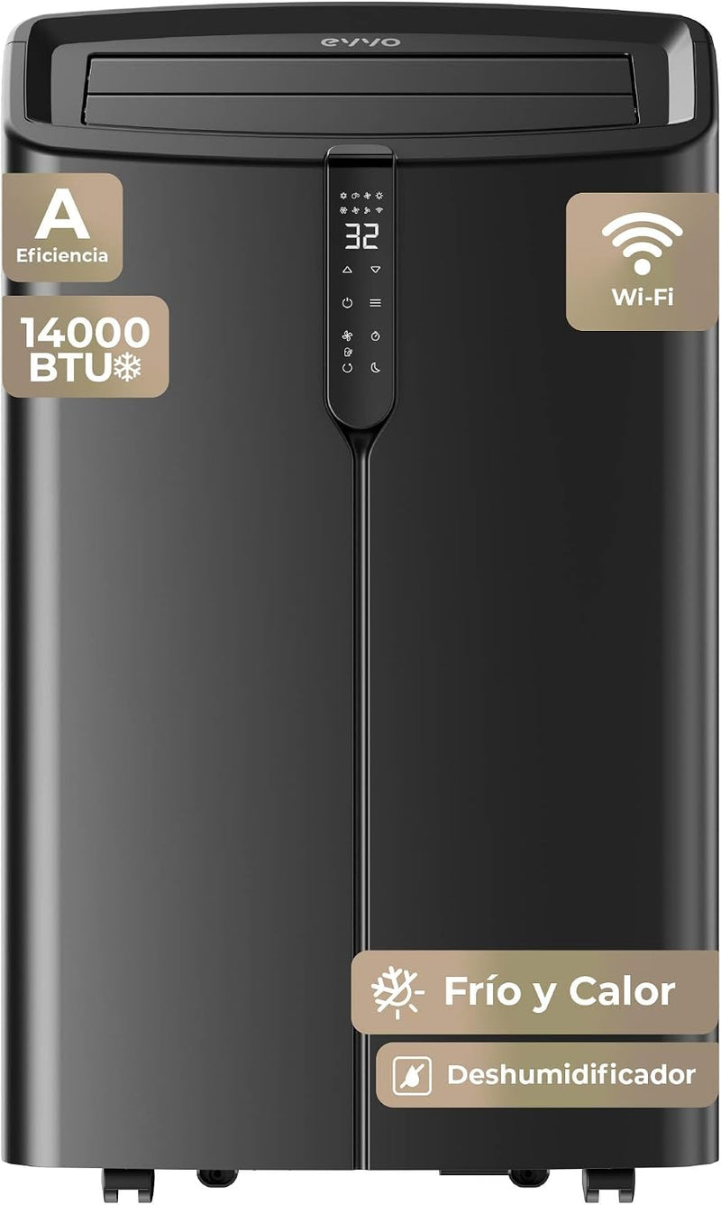 Aire acondicionado portátil EVVO Clima P14 Silent WLAN, 14.000 BTU, con bomba de calor, tipo pingüino, refrigeración y calefacción, WLAN, silencioso, deshumidificador, frío y calor, con kit de ventana