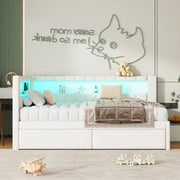Cama con plataforma tapizada con puertos USB e iluminación LED - Base de cama matrimonial/individual con 2 cajones de almacenamiento - Dormitorio moderno