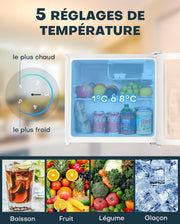 Mini frigorífico Upstreman de 46 L con congelador, termostato ajustable, ahorro de energía, silencioso, frigorífico superior con puerta reversible, minibar para dormitorio, oficina, hotel, blanco-FR17