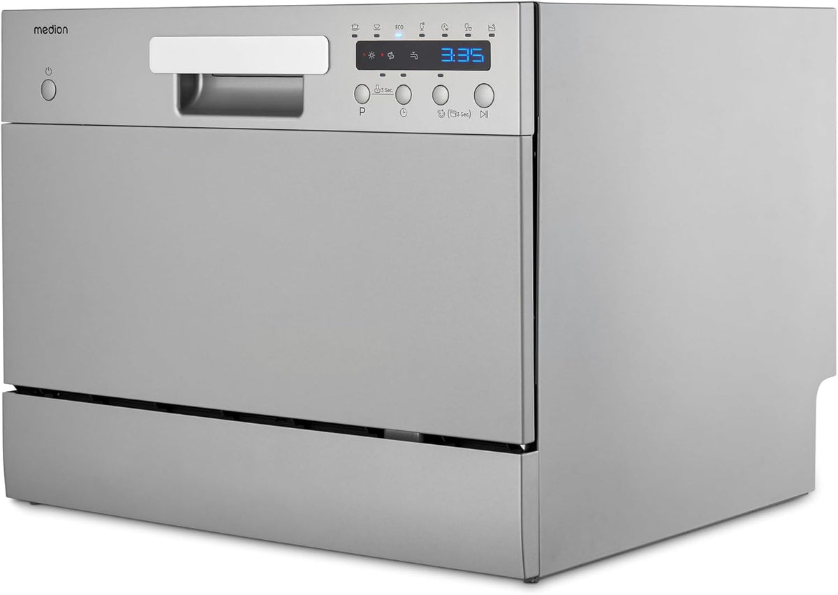 Lavavajillas de sobremesa MEDION DWT60 (capacidad para 6 cubiertos, 7 programas, programa ECO, aprox. 6,5 litros de consumo, AquaStop, pantalla LED, seguro para niños, MD37496) plateado