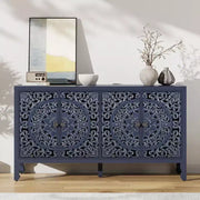 Aparador con almacenamiento, gabinete de almacenamiento con acabado desgastado, 4 puertas talladas y estante ajustable, mueble buffet de madera decorativo