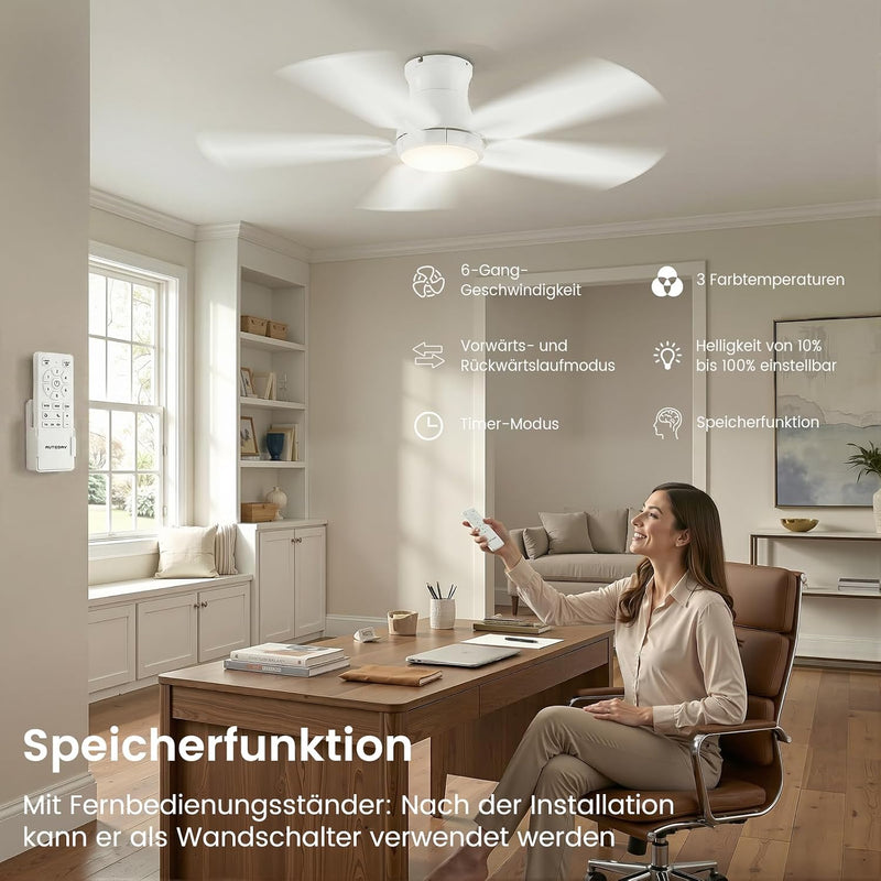 Ventilador de techo con iluminación, 122 cm, con mando a distancia, motor de CC silencioso y reversible, 3 temperaturas de color con memoria, regulable, 6 velocidades, temporizador, para dormitorio, blanco