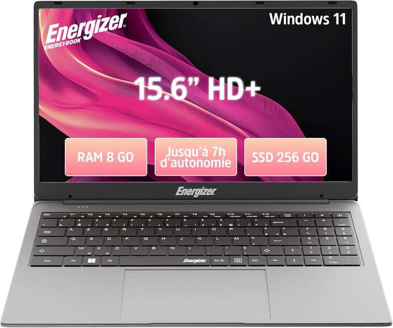 Energizer EnergyBook - Ordenador portátil 15,6'' HD+, 8 GB de RAM, SSD 256 GB, PC portátil Intel Celeron, UHD Graphics, Windows 11, portátil gris, teclado AZERTY (francés), USB 3.0, HDMI