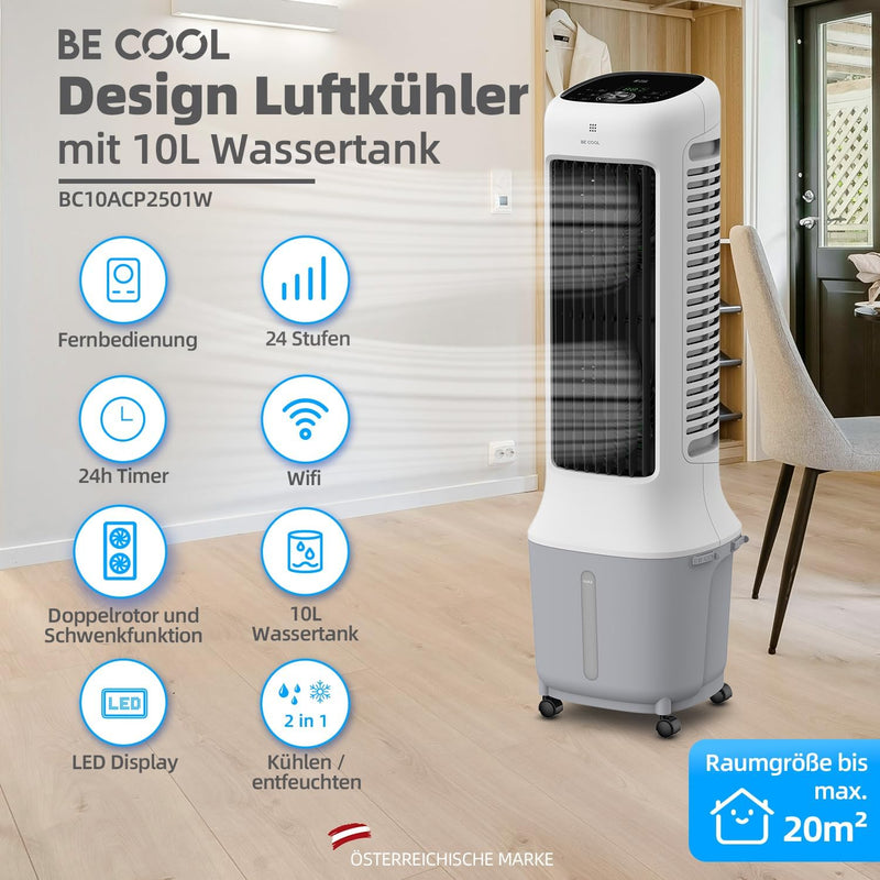 Enfriador de aire de torre premium BE COOL con depósito de agua de 10L y Wi-Fi – 38W, 24 velocidades, 3 modos de viento, alcance de flujo de aire de 12,5m, pantalla LED, control remoto, temporizador, función de secado de aire