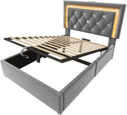 Cama tapizada individual 90x200cm con cabecero LED, estación de carga USB y tipo C, canapé hidráulico con espacio de almacenamiento, cama juvenil moderna con somier, terciopelo (gris, 90x2 00cm)