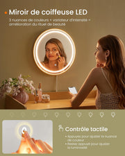 SONGMICS HOME Tocador con espejo y luz, mesa de maquillaje, 3 cajones imitación ratán, luz ajustable con 3 colores, estilo bohemio, dormitorio, beige roble RVT007Y01
