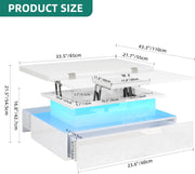 Mesa de centro elevable YITAHOME, mesa de salón de alto brillo con 2 cajones y LED, mesa de centro con compartimento oculto, mesa de café convertible en mesa de comedor