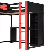Litera tipo loft en forma de L para juegos con escritorios, litera doble con luces LED, puertos USB, estanterías de almacenamiento, cama alta esquinera de madera para 2 personas