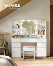 Colección VASAGLE Kailyn - Tocador con espejo y luces LED, taburete, regleta, 9 cajones, 9 bombillas regulables, 3 colores de luz, rieles deslizantes sin herramientas, blanco nube
