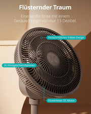 Ventilador de pie silencioso Duux Whisper 2 - Motor CC eficiente con 26 velocidades - Ventilador de altura regulable (73-95 cm) - Oscilación horizontal y vertical - Blanco