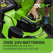 Cortacésped autopropulsado a batería Greenworks 48V (24V x 2) para hasta 480m², 46cm de ancho de corte, saco de 55L, cortacésped eléctrico más dos baterías de 4Ah y cargador doble, 3 años de garantía, GD24X2LM46SPK4X