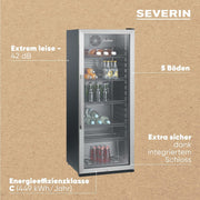 Frigorífico para botellas SEVERIN, con cerradura integrada e iluminación LED integrada, 118 L de capacidad útil, negro/plata, FSK 8840