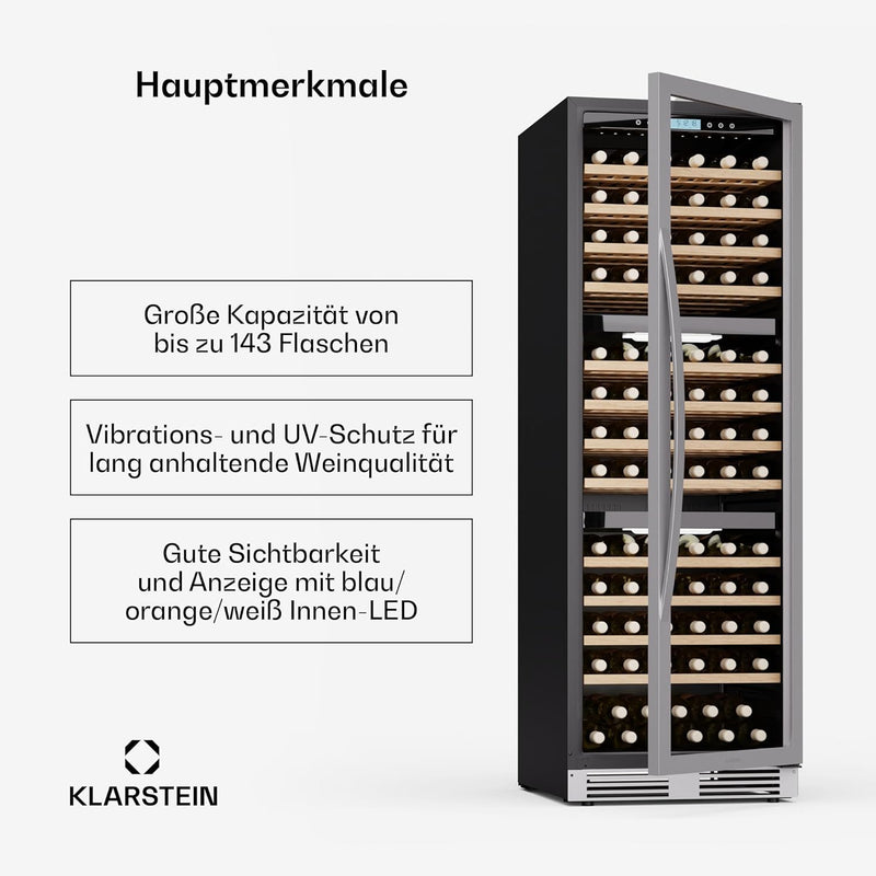 Vinoteca Klarstein Vinovilla Trio – 144 botellas, 3 zonas, 5–20°C, iluminación LED, protección UV, de libre instalación, armario climatizado para vinos