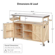Isla de cocina para exteriores con cubierta de acero inoxidable, carrito de cocina de madera con puertas, estantes y especiero, isla de cocina con ruedas