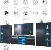 Mueble de salón Vladon Davos, compuesto por 2 vitrinas y 1 mueble para TV, antracita mate/blanco brillo, incl. iluminación LED (329 x 134 x 35 cm)