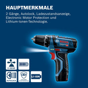 Taladro atornillador a batería Bosch Professional 12V System GSR 12V-15 (incluye 2 baterías de 2,0 Ah, cargador, set de 39 accesorios, bolsa de herramientas) - Exclusivo de Amazon