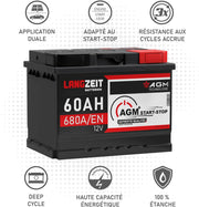 Batería de coche LANGZEIT 60Ah 12V AGM 680A/EN – Batería de automóvil Start-Stop VRLA de alto rendimiento