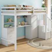 Cama alta infantil Merax 90x200 cm, con armario, escritorio, cajones y estantes, litera con escalera, somier y protección anticaídas, sin colchón, blanco/251×94×165 cm