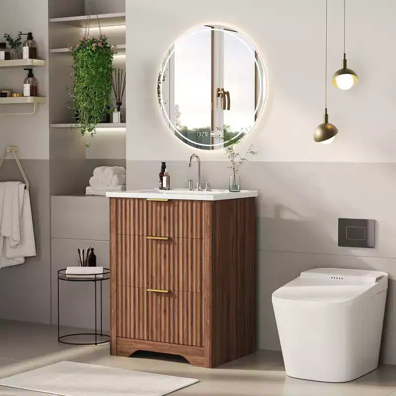 Conjunto de tocador de baño moderno estriado con lavabo de cerámica integrado, mueble de baño independiente con 3 cajones para baño contemporáneo