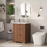 Conjunto de tocador de baño moderno estriado con lavabo de cerámica integrado, mueble de baño independiente con 3 cajones para baño contemporáneo