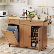Isla móvil de 55 pulgadas con toma de corriente y mesa plegable, carrito de isla de cocina con ruedas y gabinete para almacenamiento de basura para cocina