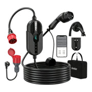 Wallbox portátil 11 kW con app, 400 V, 16 A, trifásica, cable de carga tipo 2 de 7,6 m, CEE, IP66, OLED, montaje mural para coches eléctricos