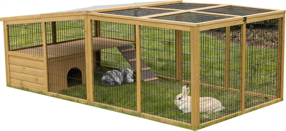 Parque exterior Kerbl con protección contra fugas (distancia entre barrotes de 2,5 cm, recinto cubierto, con techo de plástico, incluye caseta para animales pequeños + plataforma de observación) 81708