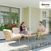 Outsunny Gartenmöbel Set 4-teilig Polyrattan Lounge-Set mit Zweisitzer 2 Sessel Tisch Tiefem Sitz Dicke Kissen Kunststoff-Tischplatte, Balkonmöbel für 4 Personen Sitzgruppe für Garten Balkon Beige