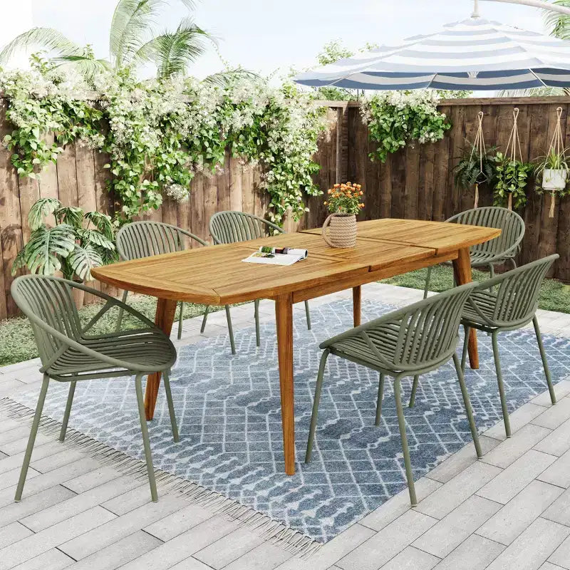 Conjunto de comedor de patio extensible de 7 piezas para exteriores con sillas apilables y mesa de madera de acacia