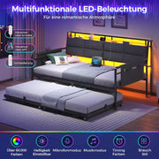Sofá cama Brinlawb con cama nido, diván de 90x200 (180x200) cm, diván extraíble con iluminación LED y estación de carga (2 tomas de corriente CA, 2 puertos USB), cama individual y cama doble, cama de invitados