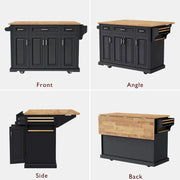 54 Isla de cocina grande con ala abatible de madera de caucho, carro de cocina rodante con textura repujada sobre 4 ruedas con 4 puertas y 3 cajones