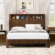 Estructura de cama ModernLuxe tamaño Queen/Full XL con cabecera de almacenamiento, estación de carga integrada, diseño ondulado, soporte silencioso