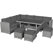 Conjunto de muebles de comedor para patio de 7 piezas de ratán con sofá seccional, mesa de comedor, otomanas y cojines