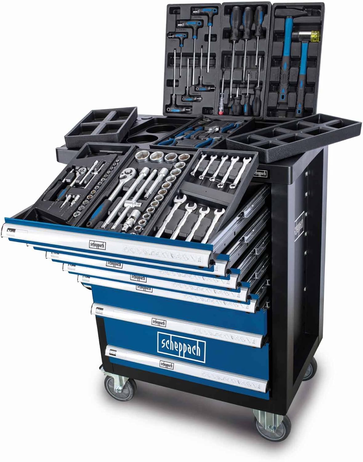 Carro de taller Scheppach TW1100-70 totalmente equipado con herramientas - 4 ruedas - bloqueable y móvil - 7 cajones
