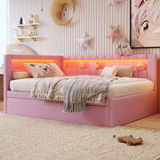 Cama con plataforma tapizada con puertos USB e iluminación LED - Base de cama matrimonial/individual con 2 cajones de almacenamiento - Dormitorio moderno