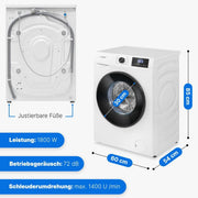 Lavadora Bomann® 8kg | máx. 1400 r.p.m. | 10 años de garantía en el motor | motor inverter robusto, silencioso y duradero | 15 programas de lavado | pantalla LED | lavadora con función de vapor | WA 7185