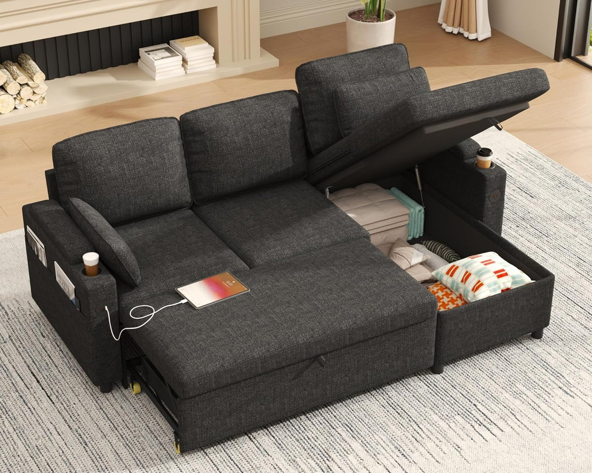 DURASPACE Sofá cama extraíble 2 en 1, sofá seccional con almacenamiento, USB, portavasos, función de dormir y arcón, sofá esquinero con espacio de almacenamiento para apartamento, sala de estar (gris oscuro)