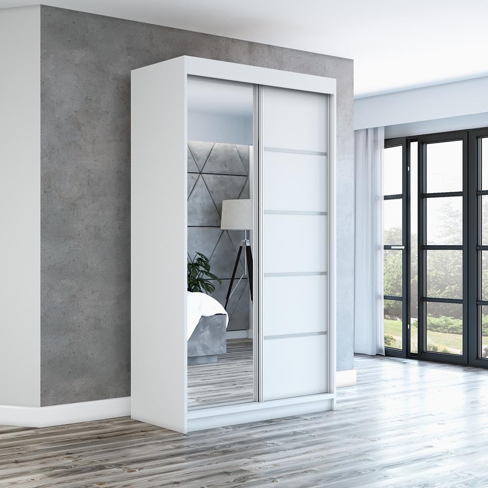 Armario con puertas correderas A&J MöbelLand GAPI, armario de 2 puertas con espejo, ropero de 120 cm (blanco/blanco/blanco)