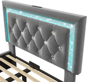 Cama tapizada individual 90x200cm con cabecero LED, estación de carga USB y tipo C, canapé hidráulico con espacio de almacenamiento, cama juvenil moderna con somier, terciopelo (gris, 90x2 00cm)