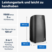 De'Longhi Pinguino PAC EL112 CST WiFi, aire acondicionado portátil con tecnología MyEcoRealFeel para habitaciones de hasta 110 m³, 11.000 BTU/h, 2,9 kW, 63 dB, función de deshumidificación, A+, control por aplicación y voz, blanco