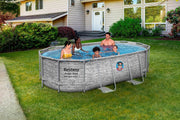 Set completo de piscina con estructura Bestway Power Steel Swim Vista Series, incluye bomba de filtro, 427 x 250 x 100 cm, aspecto de pared de piedra (gris crema), ovalada