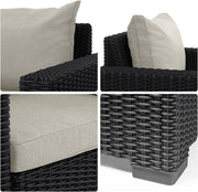 Sofá de jardín de 3 plazas Allibert California color antracita – Sofá lounge con aspecto de ratán para jardín, terraza y balcón – Sofá de exterior resistente a la intemperie incl. cómodos cojines de asiento y respaldo en color arena – 199 x 68 x 72 cm