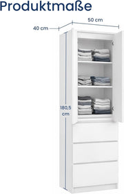 Armario Home Collective, ropero, armario multiusos de 2 puertas con 3 estantes y 3 cajones | Armario para dormitorio, recibidor u oficina | 50x40x180 cm (AnxPrxAl) | Blanco