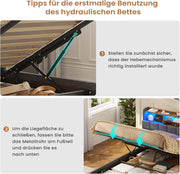 Cama tapizada AOGLLATI 140×200, cama hidráulica con almacenaje e iluminación LED, cama juvenil con puertos USB y tipo C, estructura de cama doble con listones de madera, tela de lino, sin colchón (Gris, 140x200 cm)