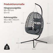 Silla colgante WOLTU con soporte, carga hasta 150 kg, silla colgante de ratán PE, con cojín de asiento y reposacabezas, para interior y exterior, gris
